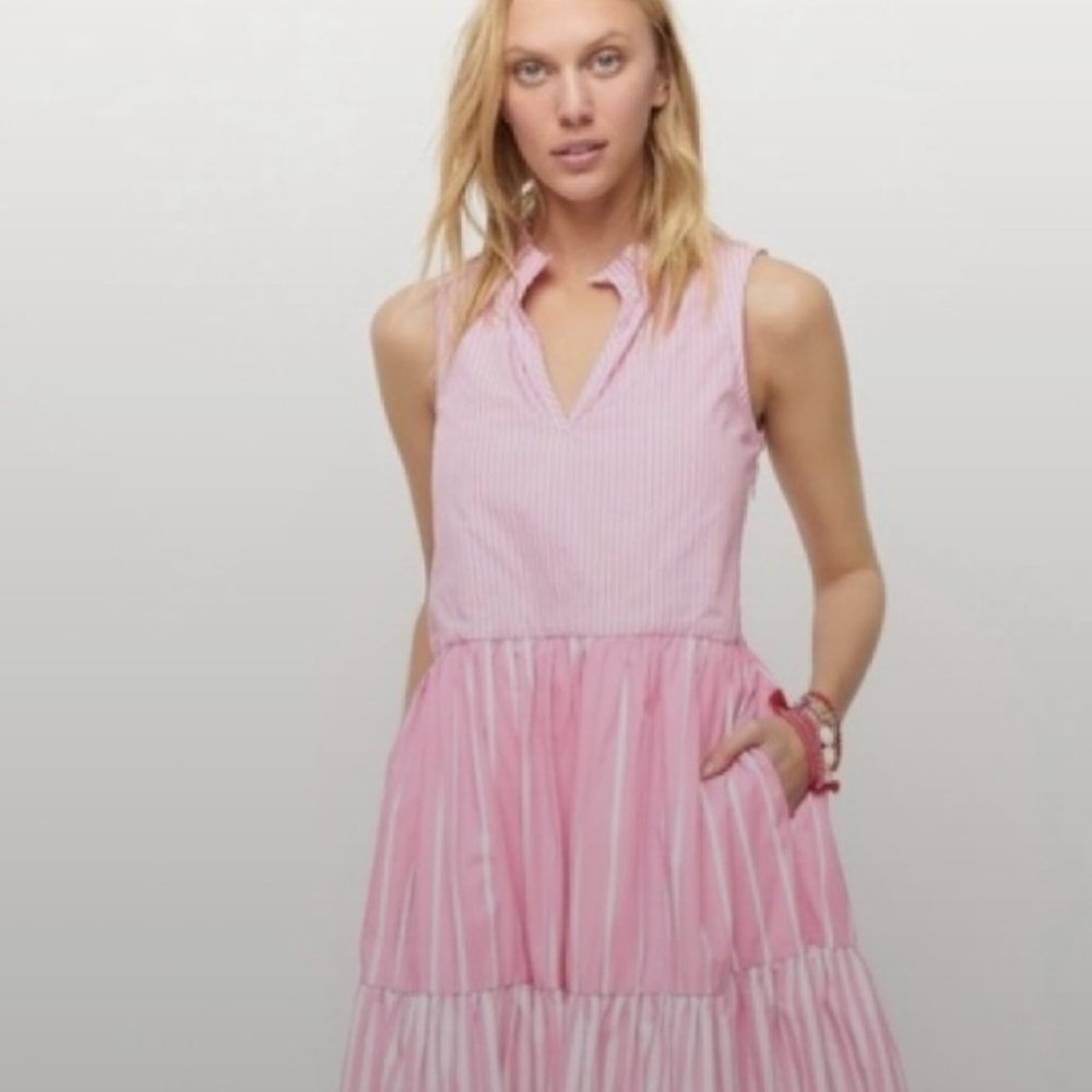 J. Crew Tiered Popover Dress in Pink and White Stripe - Size Small